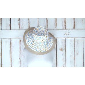 Vintage white cotton straw woven leaf print floppy sun hat